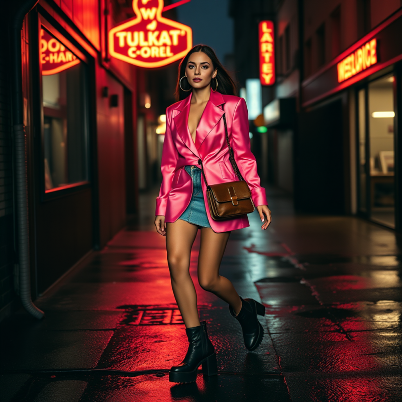 Mid-80s-inspired Fashion Scene: a Woman in a Neon Hot-p...