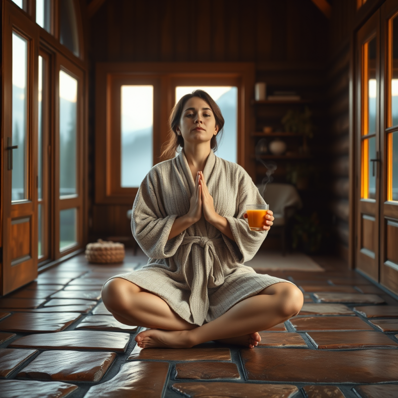 Mid-adult Woman in a Glowing Amber-lit Cabin at Dawn