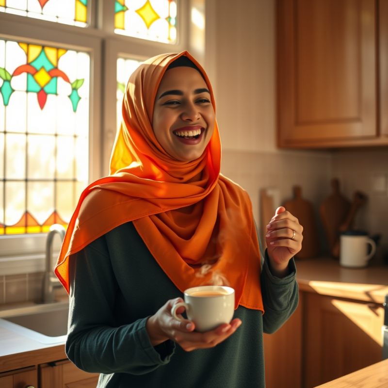 Mid-adult Woman with a Vibrant Orange Hijab Stands in H...