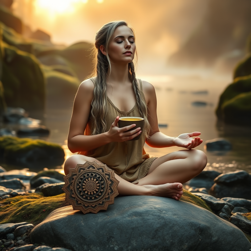 Mid-adult Woman with Silver-streaked Braids Sits Cross-...