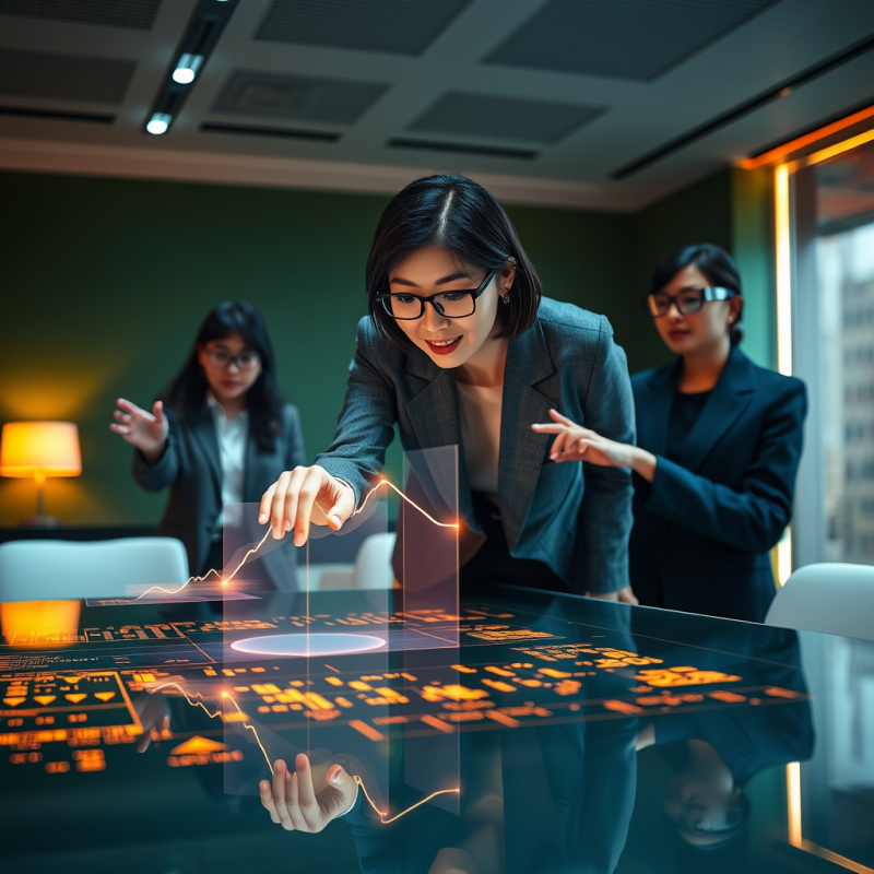 Mid-aged Asian Woman in a Tailored Charcoal Blazer Lean...