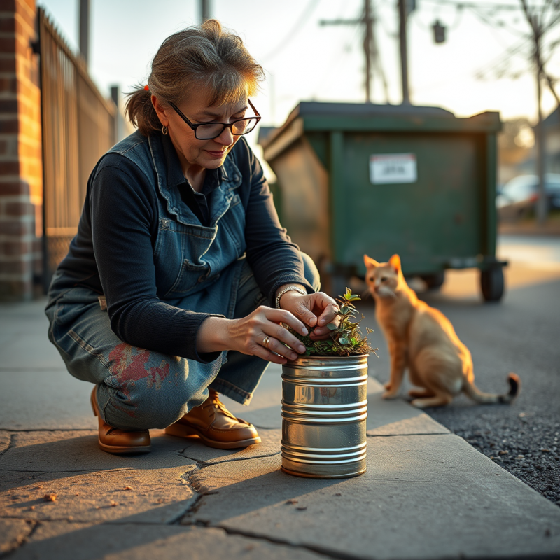 Mid-aged Woman in a Stained Denim Apron and Glasses