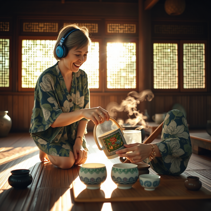 Mid-aged Woman with Vibrant Blue Headphones