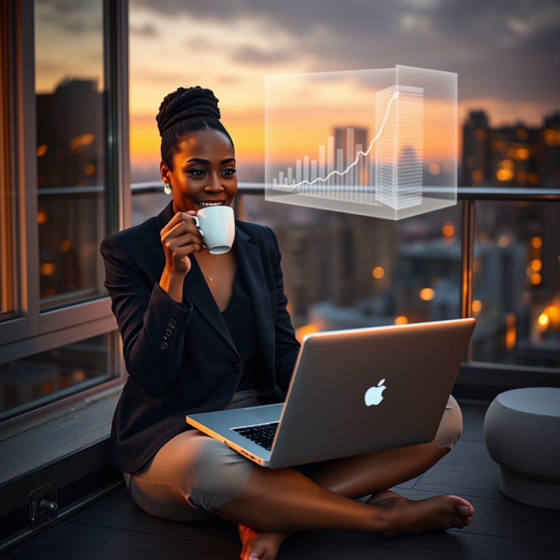 Mid-career Black Woman in a Tailored Navy Blazer Sits C...