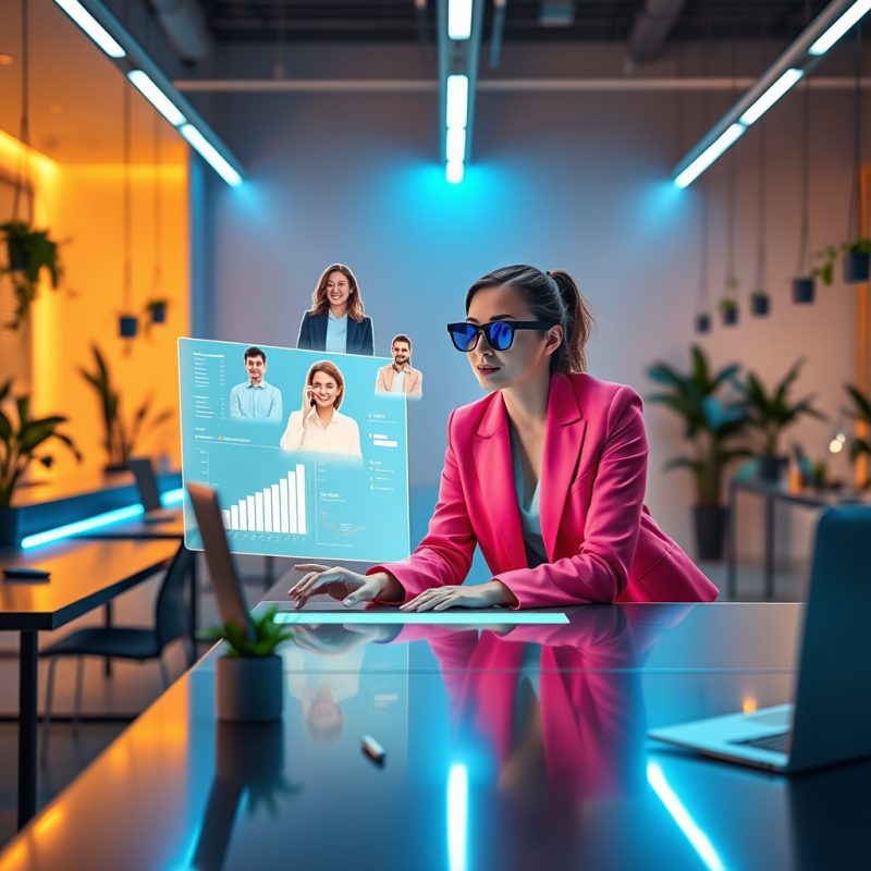 Mid-level Tech Manager in a Neon-pink Blazer Leans Over...