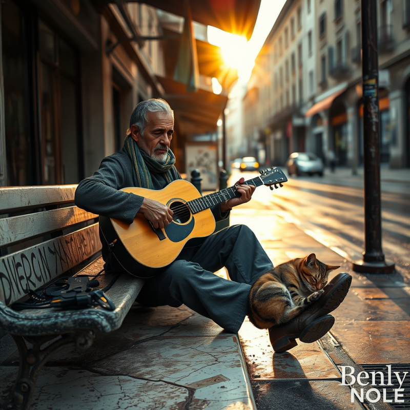 Midday Urban Scene: a Weary Street Musician with a Weat...