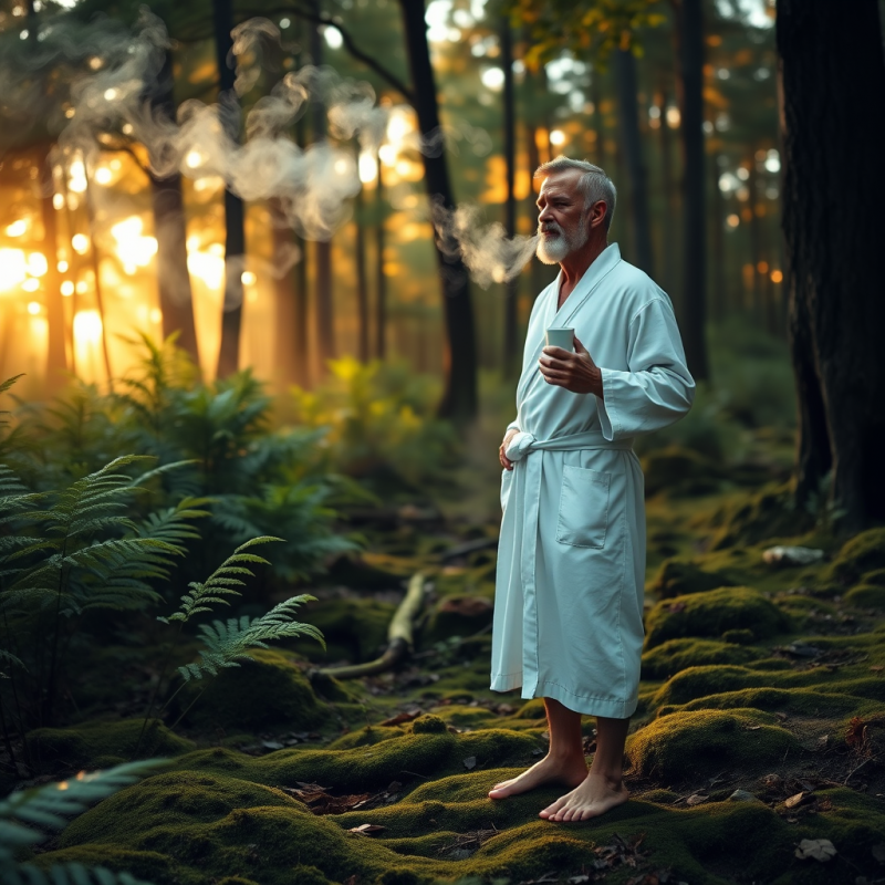 Middle-aged Man in a Minimalist White Linen Robe Stands...