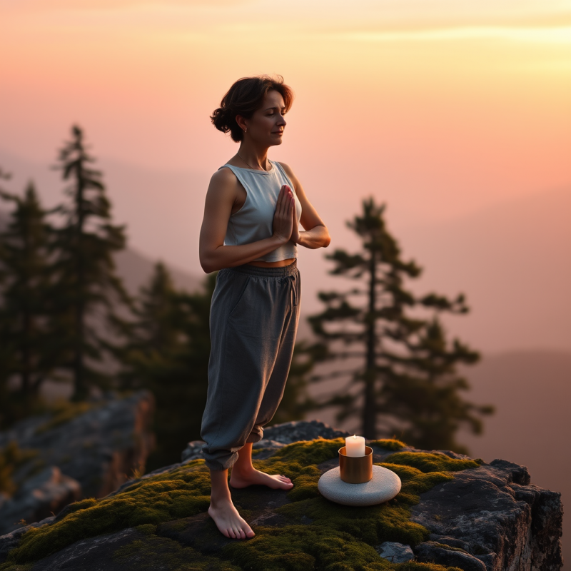 Middle-aged Woman in a Cropped Linen Tank and High-wais...