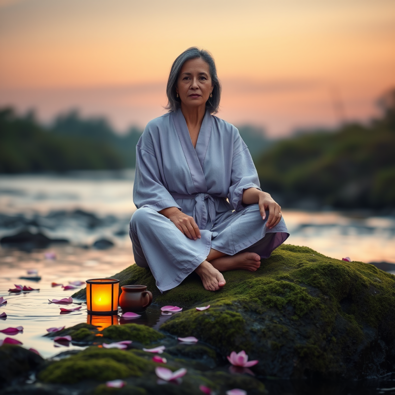 Middle-aged Woman in a Lavender Linen Robe Sits Cross-l...