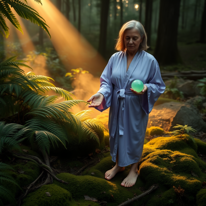 Middle-aged Woman in a Lavender Silk Robe Stands Barefo...