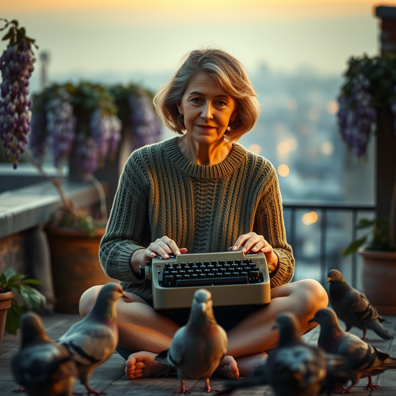 Middle-aged Woman in a Moss-green Knitted Sweater Sits ...