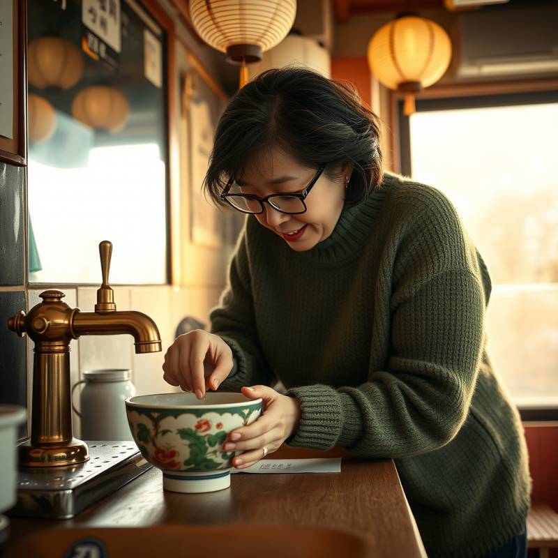 Middle-aged Woman in a Moss-green Knitted Sweater and O...