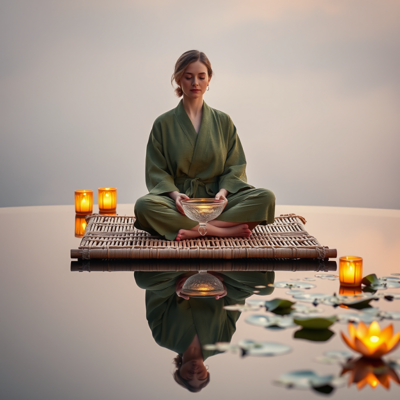 Middle-aged Woman in a Moss-green Linen Robe Sits Cross...
