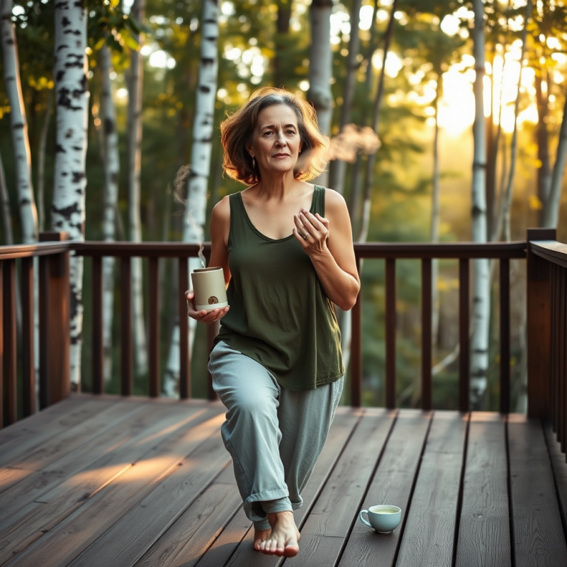 Middle-aged Woman in a Moss-green Tank Top and Linen Pants