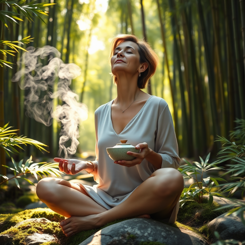 Middle-aged Woman in a Sun-dappled Bamboo Forest