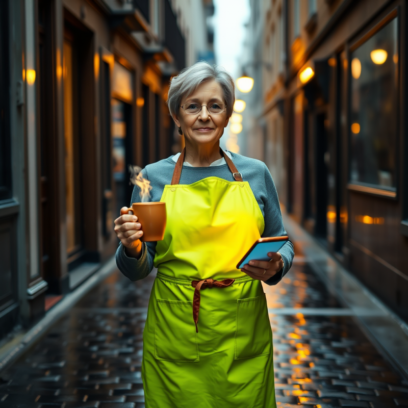 Middle-aged Woman in a Vibrant Neon-green Apron Stands ...