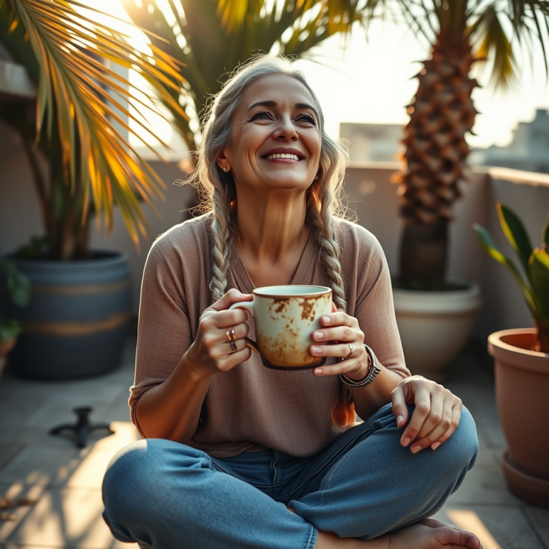 Middle-aged Woman with Silver Braids Sits Cross-legged ...