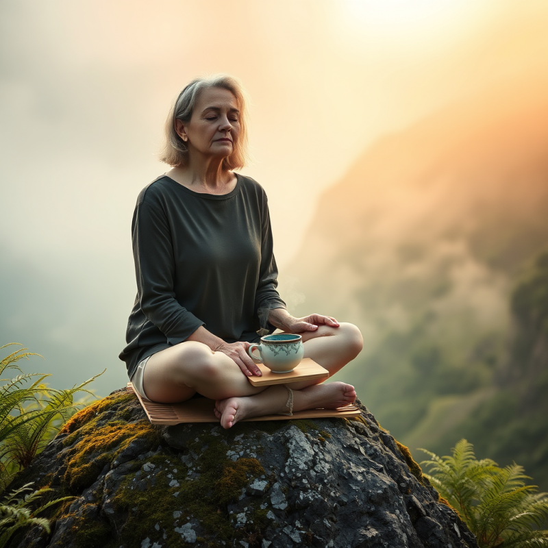 Middle-aged Woman with Silver Hair Sits Cross-legged At...