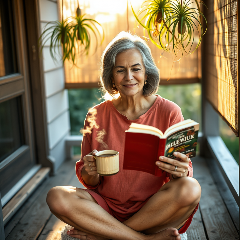 Middle-aged Woman with Silver-streaked Hair Sits Cross-...