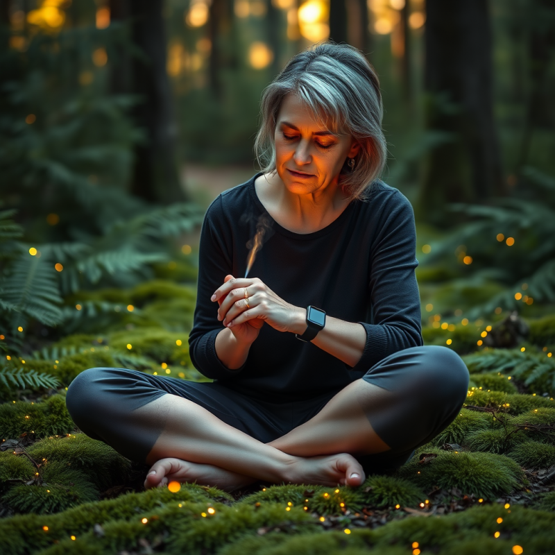 Middle-aged Woman with Silver Streaks in Her Hair Sits ...