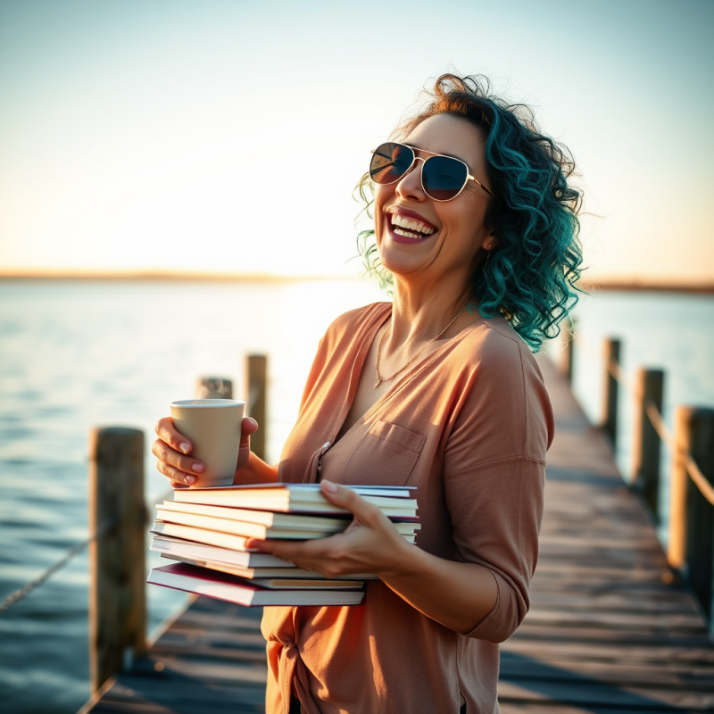 Middle-aged Woman with Vibrant Teal Streaks in Her Curl...