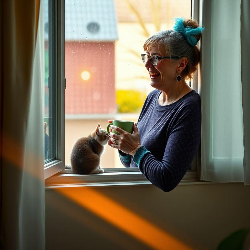 Middle-aged Woman with Vibrant Turquoise Scrunchie and ...