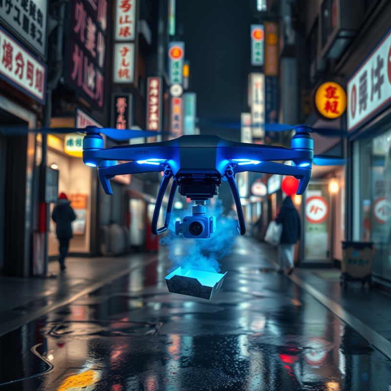 Midnight Drone Delivery Hovering Over a Neon-lit Tokyo ...