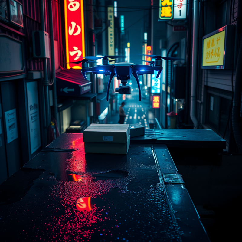Midnight Drone Delivery Over a Neon-drenched Tokyo Alley