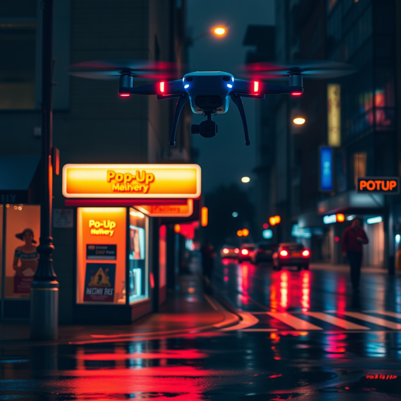 Midnight Drone Delivery Service Buzzing Over a Neon-lit...