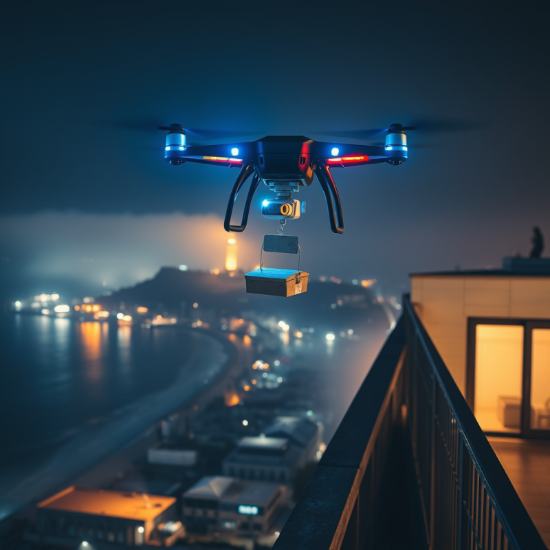 Midnight Drone Delivery Service Hovering Above a Neon-l...