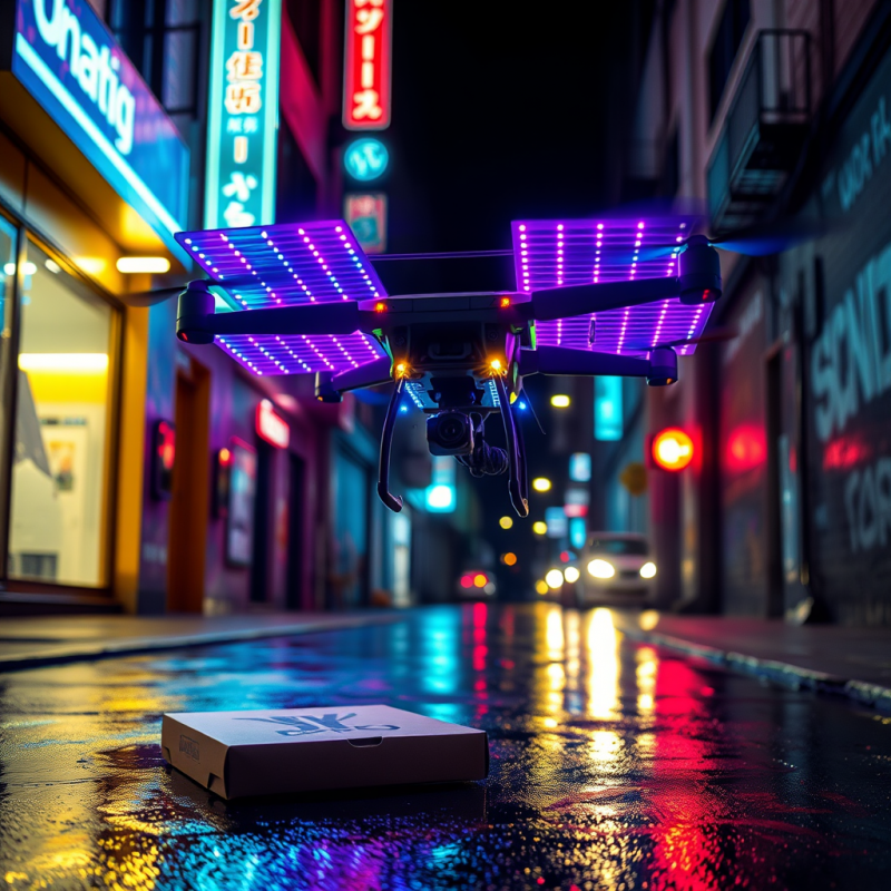 Midnight Electric Delivery Drone Hovering 10 Feet Above...