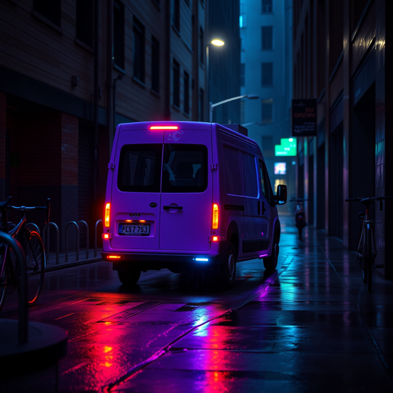 Midnight Shot of a Neon-purple Electric Delivery Van Zi...