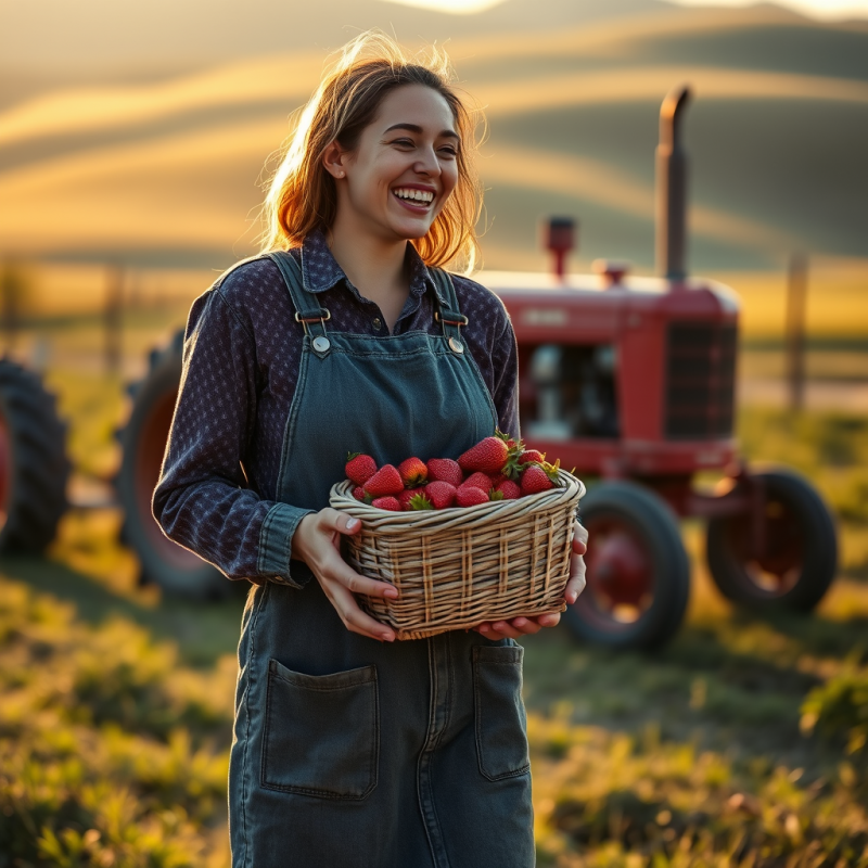 Midwestern Farmworker in a Weathered Denim Apron and Du...