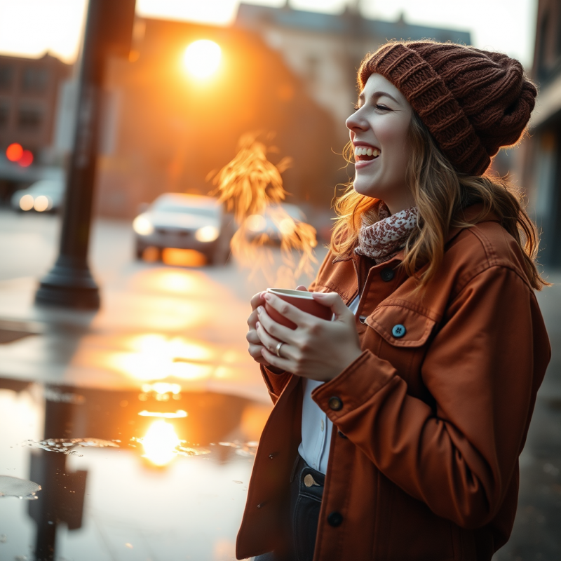 Midwestern Woman in a Rust-colored Denim Jacket and Kni...