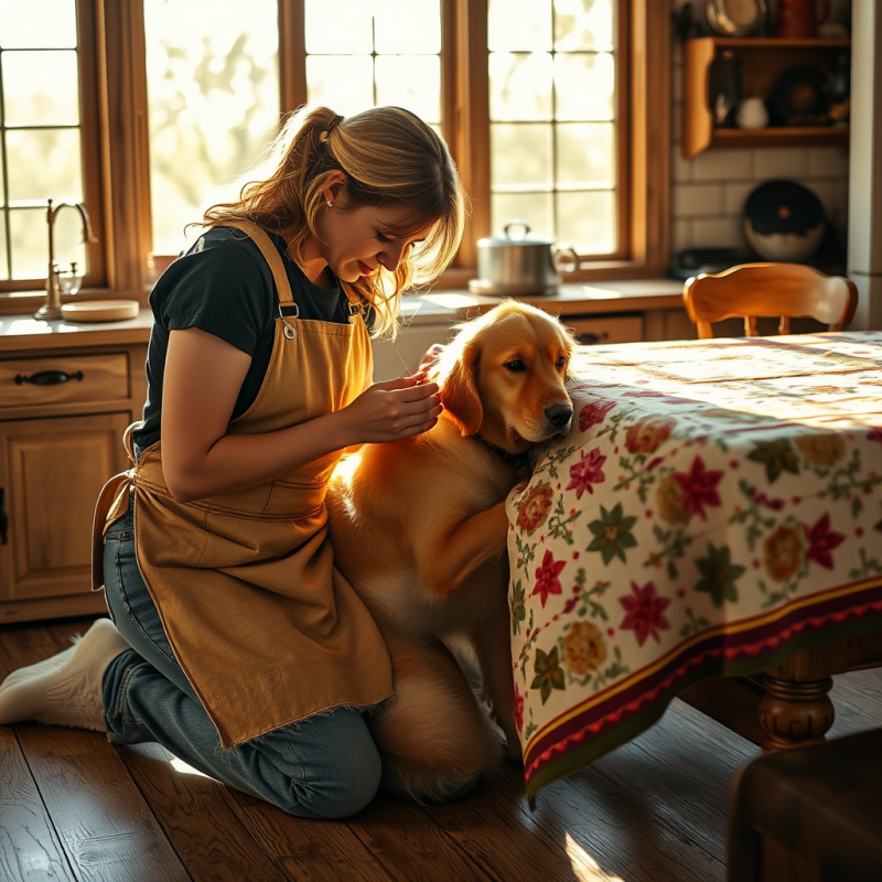 Midwestern Woman in a Stained Apron and Faded Blue Jean...