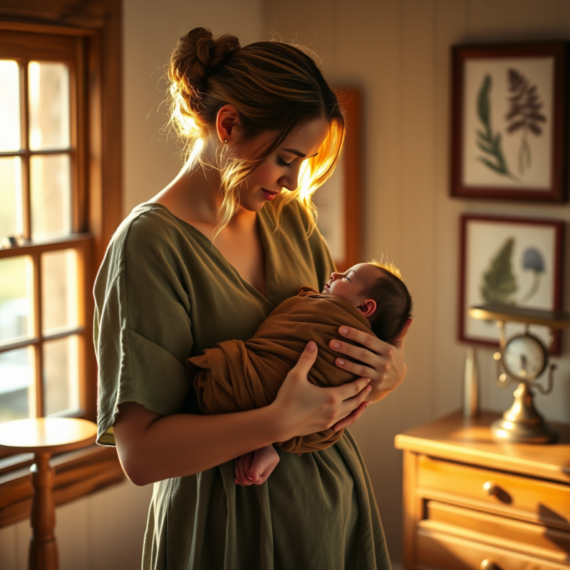 Midwife in a Moss-green Linen Dress Gently Holds a Newb...