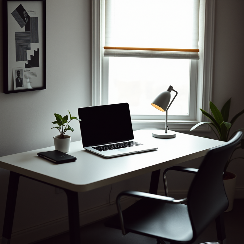 Minimal Desk with Laptop and Plant Clean Workspace