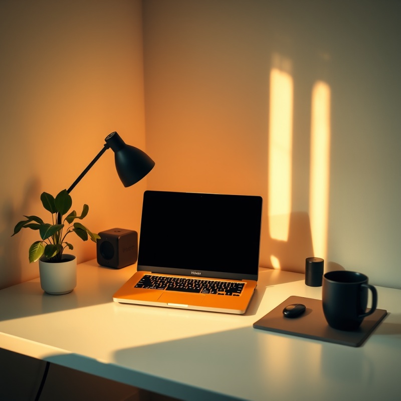 Minimal Desk with Laptop and Plant Clean Workspace