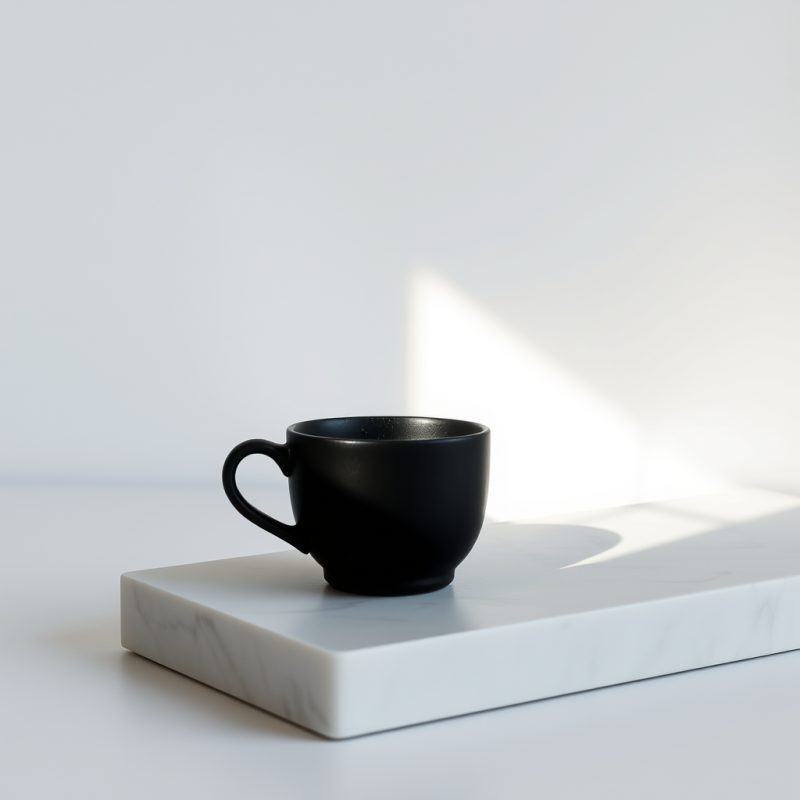 Minimalist Black Ceramic Cup Rests on a White Marble