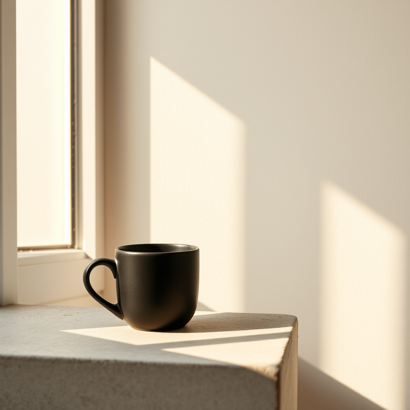 Minimalist Black Ceramic Mug Rests on a Concrete