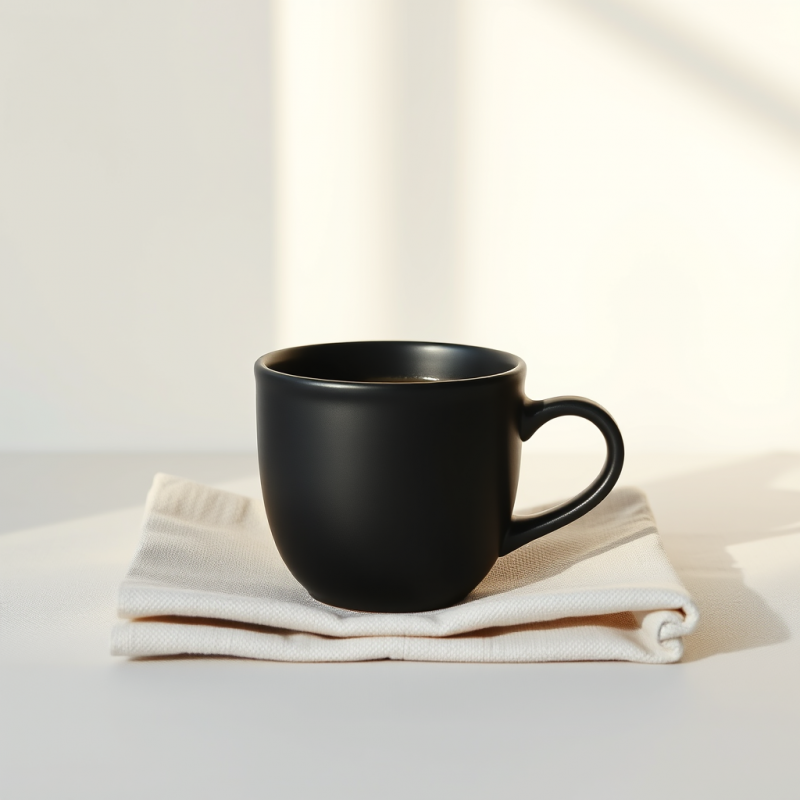 Minimalist Black Ceramic Mug Sits on a Folded White