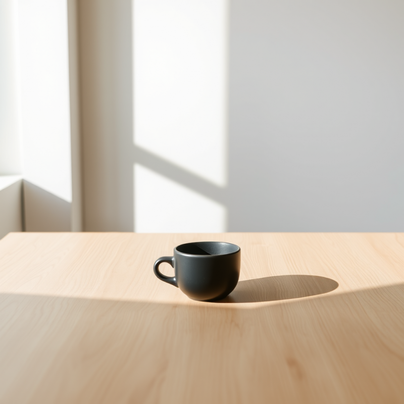 Minimalist Black Ceramic Mug Sits on a Light Wood