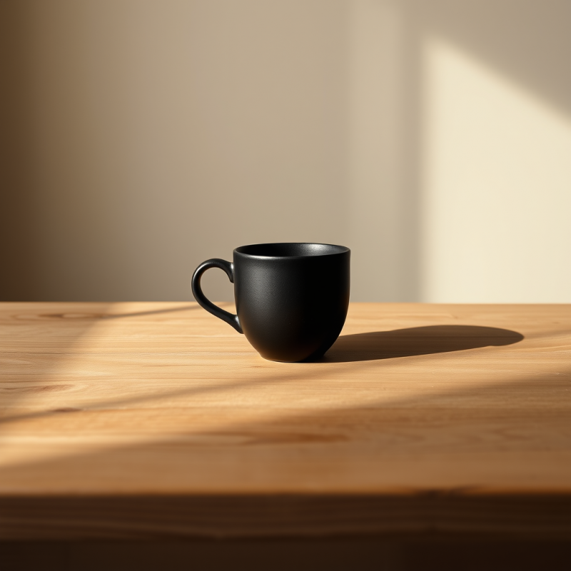 Minimalist Black Ceramic Mug Sits on a Warm Wooden
