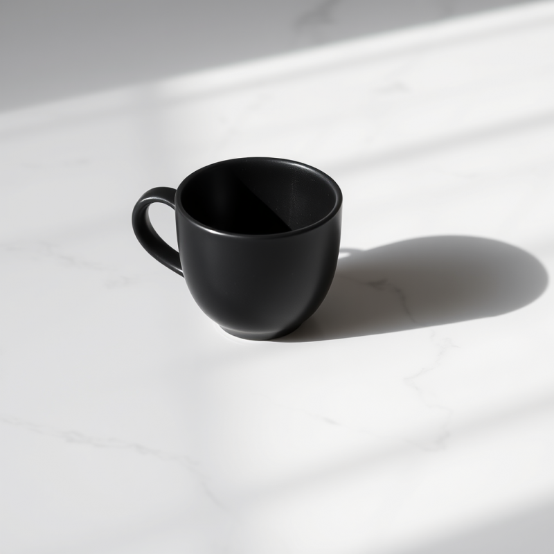 Minimalist Black Ceramic Mug Sits on a White Marble