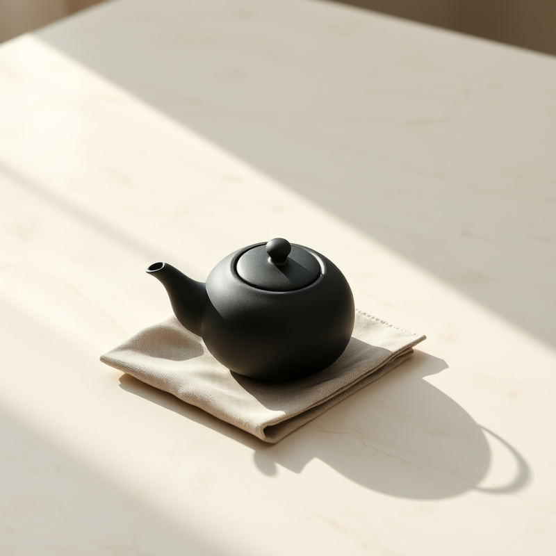 Minimalist Black Ceramic Teapot Rests on a Beige