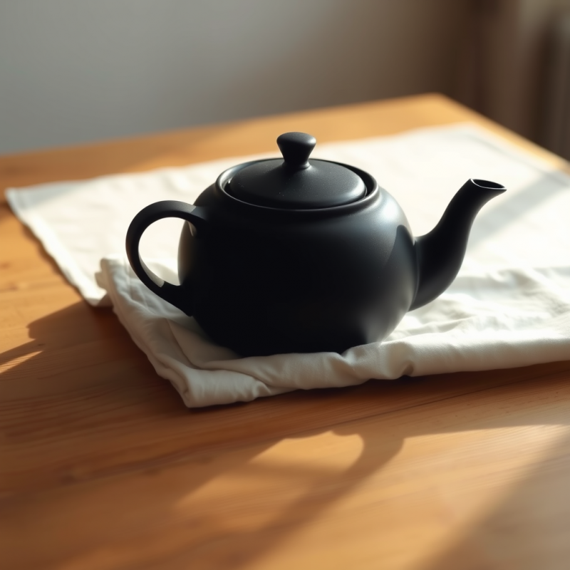 Minimalist Black Ceramic Teapot Rests on a White