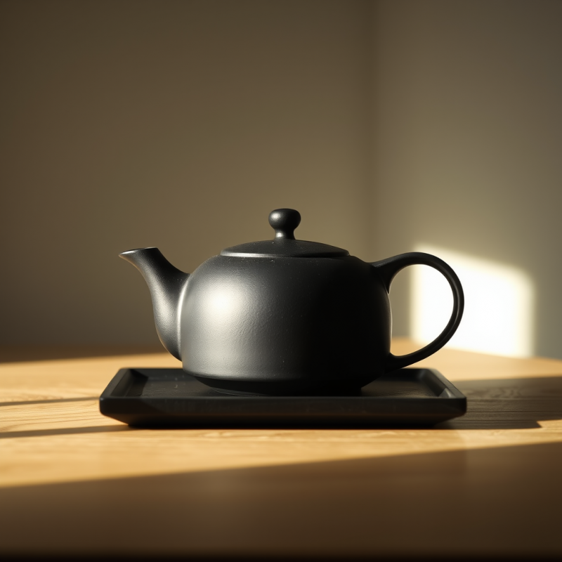 Minimalist Black Ceramic Teapot Rests on a Wooden