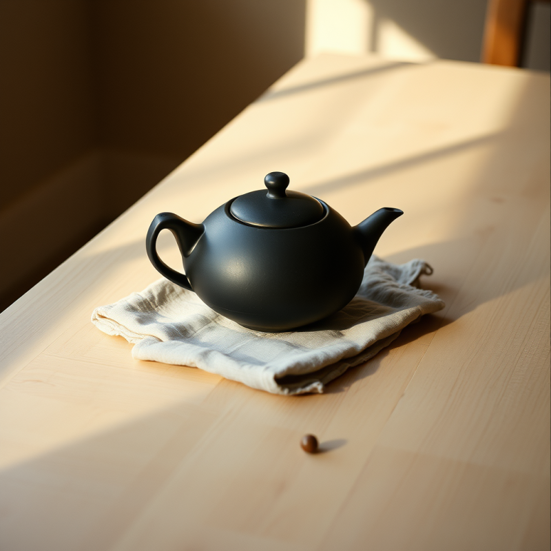 Minimalist Black Clay Teapot Rests on a Linen Cloth