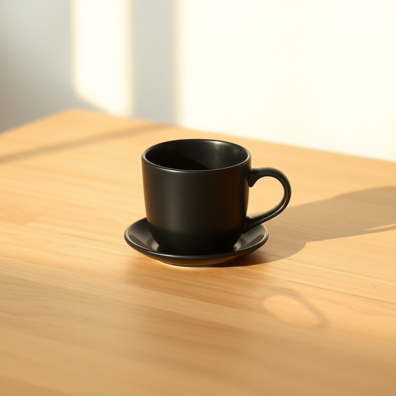 Minimalist Black Coffee Cup and Saucer on a Warm