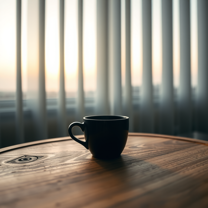 Minimalist Black Coffee Cup Sits on a Warm Wooden